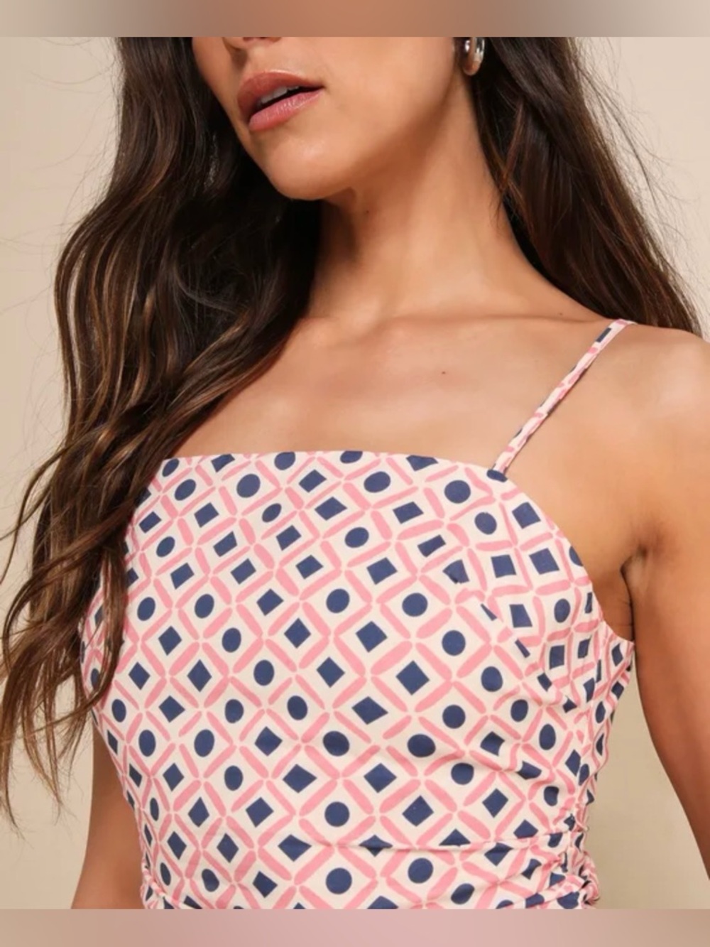 Lulus NWT “Charming Desire” Pink Geo Print Ruched Sleeveless Mini Dress. Small. - Picture 14 of 14
